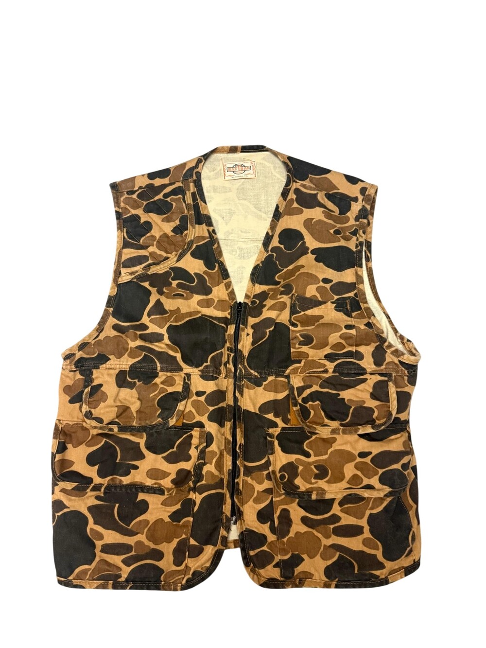 Vintage Saf-Bak Vest Mens Large Brown Duck Camo Canvas Hunting Zip Pockets 70s